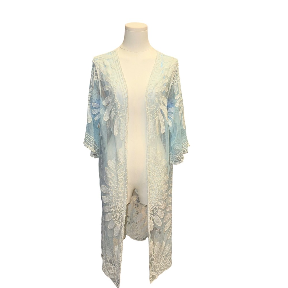 Rebellion Again Kimono Women Medium Blue Excellent Lace Mesh Sheer Long Duster
